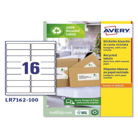 Etichette adesive - in carta riciclata - permanenti - 99,1 x 33,9 mm - 16 et/fg - 100 fogli - bianco - Avery