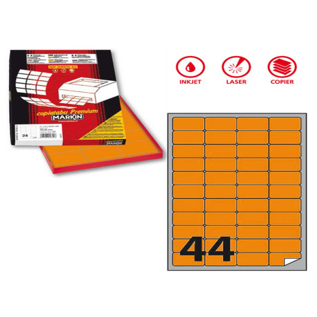 Etichette adesive A/406 - in carta - permanenti - 47,5 x 25,5 mm - 44 et/fg - 100 fogli - arancio fluo - angoli tondi - Markin