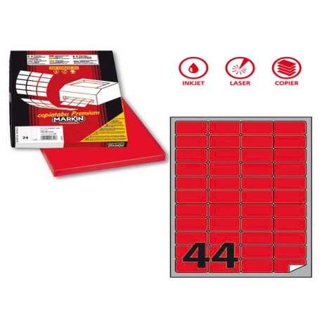 Etichette adesive A/406 - in carta - permanenti - 47,5 x 25,5 mm - 44 et/fg - 100 fogli - rosso fluo - angoli tondi - Markin