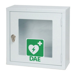 Armadio in metallo ad un’anta per defibrillatore, munito di chiusura lucchettabile.