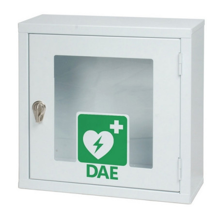 Armadio in metallo ad un’anta per defibrillatore, munito di chiusura lucchettabile.