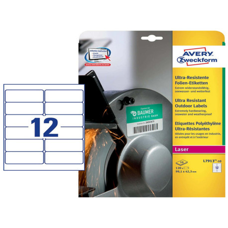 Etichette adesive extra resistenti - in PE - laser - 99,1 x 42,3 mm - 12 et/fg - 10 fogli - bianco - Avery