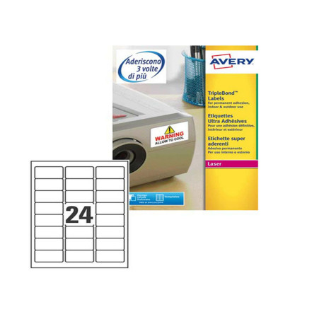 Etichette adesive extra strong L6141 - in poliestere - laser - permanenti - 63,5 x 33,9 mm - 24 et/fg - 20 fogli - bianco - Ave