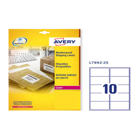 Etichette adesive extra strong L7992 - in poliestere - laser - permanenti - 99,1 x 57 mm - 10 et/fg - 25 fogli - bianco - Avery