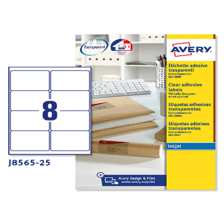 Etichette adesive J8565 - in poliestere - inkjet - rimovibili - 99,1 x 67,7 mm - 8 et/fg - 25 fogli - trasparente - Avery