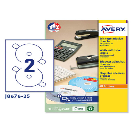 Etichette adesive J8676 - in carta - inkjet - permanenti - diametro CD 117 mm - 2 et/fg - 25 fogli - bianco opaco - Avery