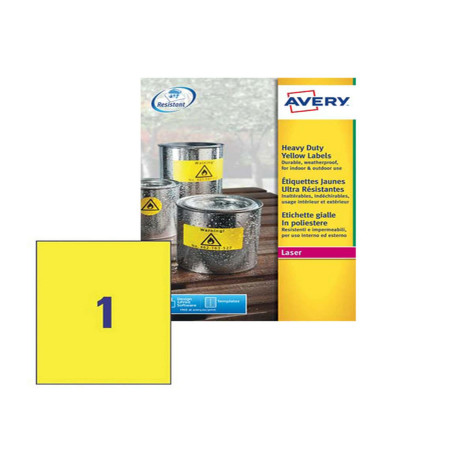 Etichette adesive L6111 - in poliestere - laser - permanenti - 210 x 297 mm - 1 et/fg - 20 fogli - giallo fluo - Avery