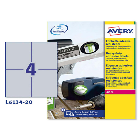 Etichette adesive L6134 - in poliestere - laser - permanenti - 105 x 148 mm - 4 et/fg - 20 fogli - argento - Avery