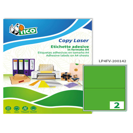 Etichette adesive LP4F - in carta - angoli arrotondati - permanenti - 200 x 142 mm - 2 et/fg - 70 fogli - verde fluo - Tico