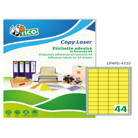 Etichette adesive LP4F - in carta - angoli arrotondati - permanenti - 47,5 x 25,5 mm - 44 et/fg - 70 fogli - giallo fluo - Tico
