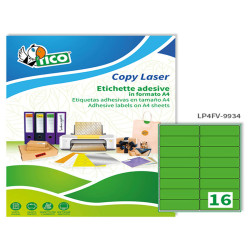 Etichette adesive LP4F - in carta - angoli arrotondati - permanenti - 99,1 x 34 mm - 16 et/fg - 70 fogli - verde fluo - Tico
