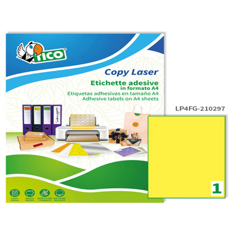 Etichette adesive LP4F - in carta - permanenti - 210 x 297 mm - 1 et/fg - 70 fogli - giallo fluo - Tico