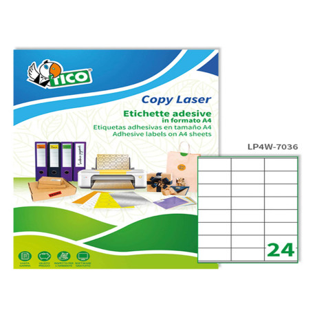 Etichette adesive LP4W - in carta - con margini - permanenti - 70 x 36 mm - 24 et/fg - 100 fogli - bianco - Tico
