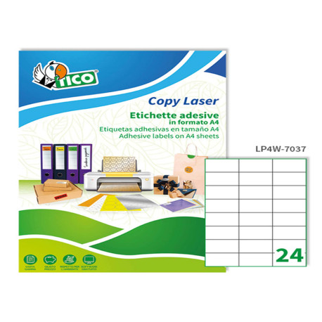 Etichette adesive LP4W - in carta - permanenti - 70 x 37 mm - 24 et/fg - 100 fogli - bianco - Tico