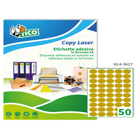 Etichette adesive ovali GL4 - in carta - permanenti - 36 x 27 mm - 50 et/fg - 100 fogli - oro satinato - Tico