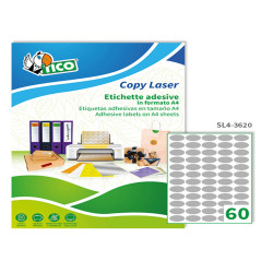 Etichette adesive ovali SL4 - in carta - permanenti - 36 x 20 mm - 60 et/fg - 100 fogli - argento satinato - Tico