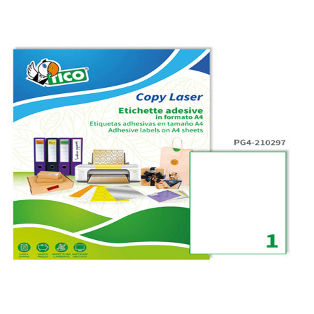Etichette adesive PG4 - in carta - laser - permanenti - 210 x 297 mm - 1 et/fg - 100 fogli - bianco lucido - Tico