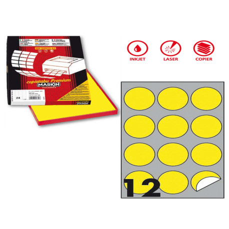 Etichette adesive R/310 - in carta - permanenti - tonde - diametro 60 mm - 12 et/fg - 100 fogli - giallo fluo - Markin