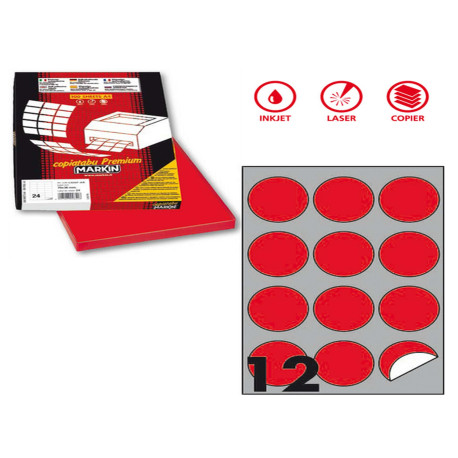 Etichette adesive R/310 - in carta - permanenti - tonde - diametro 60 mm - 12 et/fg - 100 fogli - rosso fluo - Markin