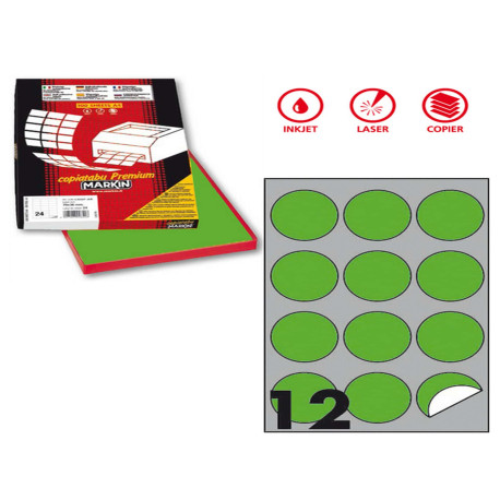 Etichette adesive R/310 - in carta - permanenti - tonde - diametro 60 mm - 12 et/fg - 100 fogli - verde fluo - Markin