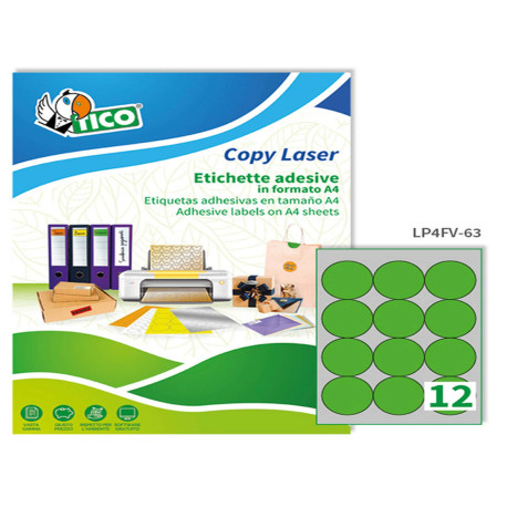 Etichette adesive tonde LP4F - in carta - con margini - permanenti - diametro 63,5 mm - 12 et/fg - 70 fogli - verde fluo - Tico