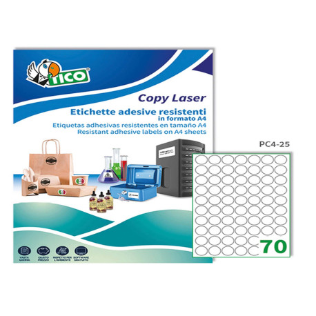 Etichette adesive tonde PC4 - in poliestere - laser - permanenti - diametro 25 mm - 70 et/fg - 100 fogli - trasparente - Tico