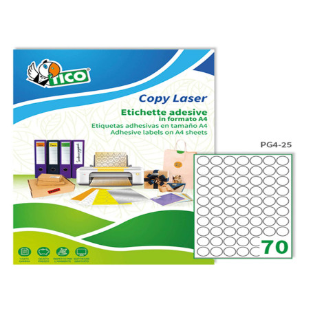 Etichette adesive tonde PG4 - in carta - laser - permanenti - diametro 25 mm - 70 et/fg - 100 fogli - bianco lucida - Tico