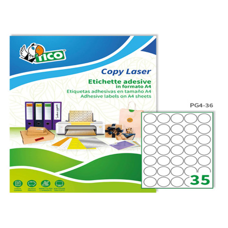 Etichette adesive tonde PG4 - in carta - laser - permanenti - diametro 36 mm - 35 et/fg - 100 fogli - bianco lucido - Tico