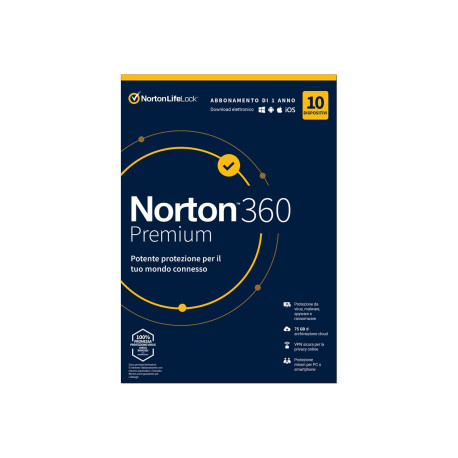 Norton 360 Premium - Box pack (1 anno) - 10 dispositivi, 75 GB di spazio storage su cloud - Download - Win, Mac, Android, iOS -