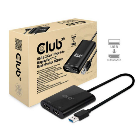 CLUB3D USB3.2 Gen1 Type A to DisplayPort™1.2 Dual Monitor 4K60Hz Video Splitter, 2x DisplayPort, 5120 x 2880 Pixel, Nero, 60 Hz