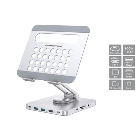 Conceptronic DONN26G, Supporto multimediale, Argento, Alluminio, Tablet, 100 W, MicroSD (TransFlash), SD, SDHC, SDXC