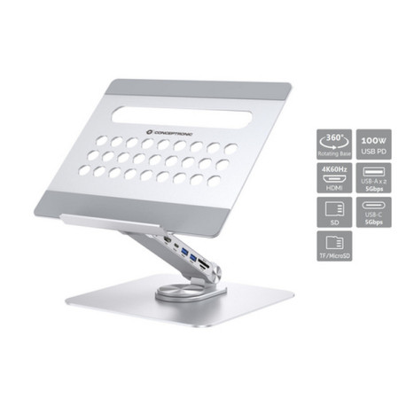 Conceptronic DONN27G, Supporto per computer portatile, Argento, Alluminio, 360°, USB 3.2 Gen 1 (3.1 Gen 1) Type-C, 5000 Mbit/s
