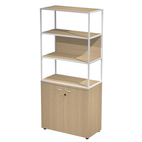 Libreria alta metal + armadio basso Essence - 90 x 46 x 204 cm - Rovere/rovere/rovere/bianco