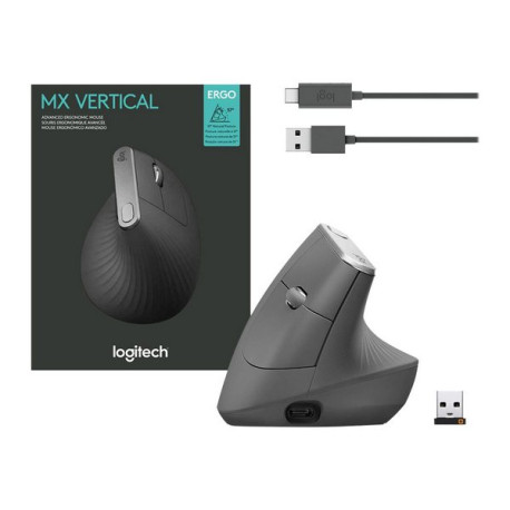 Logitech MX Vertical - Mouse verticale - ergonomico - ottica - 6 pulsanti - senza fili, cablato - Bl