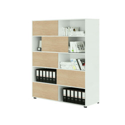 Libreria alta Tetris a 5 ripiani ante scorrevoli - 120x35 x191 cm - bianco/rovere