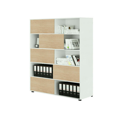 Libreria alta Tetris a 5 ripiani ante scorrevoli - 120x35 x191 cm - bianco/rovere
