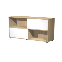 Libreria bassa Tetris a 2 ripiani ante scorrevoli - 120x35x79 cm - bianco/rovere