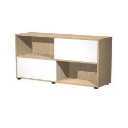Libreria bassa Tetris a 2 ripiani ante scorrevoli - 120x35x79 cm - rovere/bianco