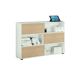 Libreria bassa Tetris a 3 ripiani ante scorrevoli - 120x35x116 cm - bianco/rovere