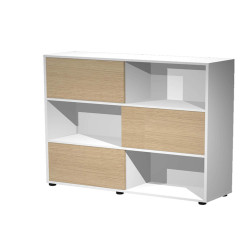 Libreria bassa Tetris a 3 ripiani ante scorrevoli - 120x35x116 cm - rovere/bianco