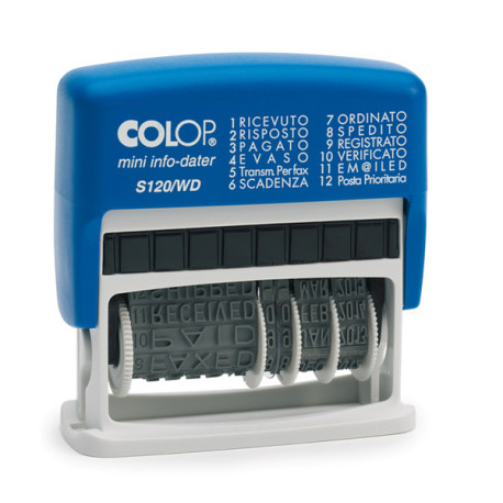 Timbro Mini Info S120/WD Datario + Polinomio - 12 diciture 4 mm - autoinchiostrante - Colop
