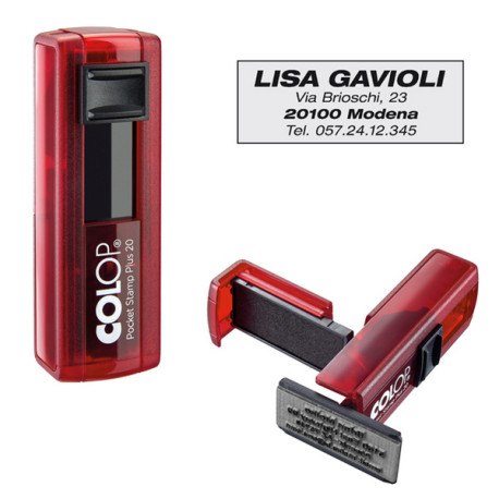 Timbro Pocket Stamp Plus 20 - 14 x 38 mm - 4 righe - autoinchiostrante - rosso rubino - Colop